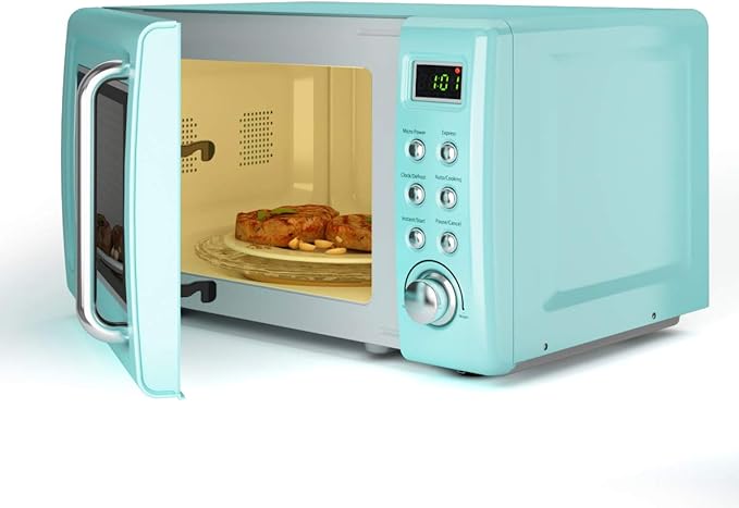 Retro Microwave Oven,Safeplus 0.7Cu.ft, Countertop 700W Microwaves with Cold Rolled Steel Plate 5 Micro Power Defrost & Auto Cooking Function LED Display Glass Turntable and Viewing Window Child Lock