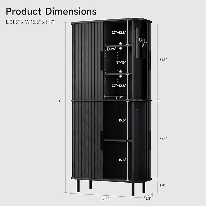 ONBRILL 71" Fluted Pantry Cabinet, Tall Kitchen Pantry Storage Cabinet with 2 Pegboards, 4 Hooks & Adjustable Shelves, Wood Cupboard for Kitchen, Dining Room, Living Room and Hallway, Black