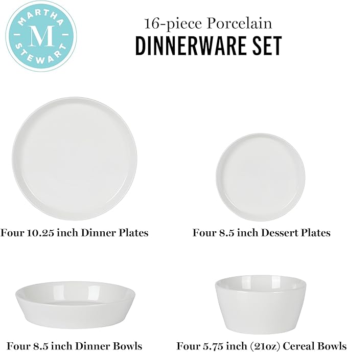Martha Stewart Selma Chip & Scratch Resistant Dinnerware Set ??White Plates and Bowls, Durable Dishwasher and Microwave Safe Dishes Set for Everyday Use