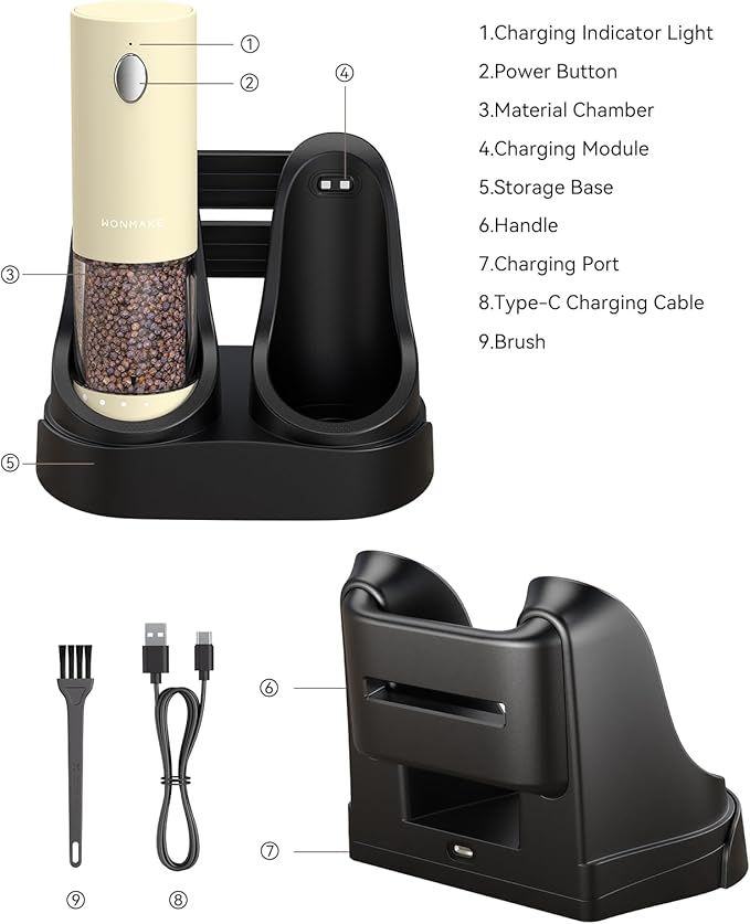 Electric Salt and Pepper Grinder Set - Automatic Refillable Salt and Pepper Grinders with Charging Base & LED Light, 6-Level Adjustable Coarseness with External Dial, Ideal Kitchen Gadget竊똁eige