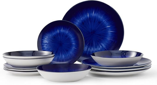 Bestone 12-Piece Round Porcelain Dinnerware Set, Service for 4, Chip Resistant Plates and Bowls, Starburst Turquoise Dark Blue, Dishwasher & Microwave Safe for Home Daily Use