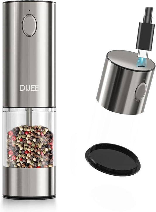 Rechargeable Pepper Grinder Mill Electric Rechargeable Usb Type-C Salt and Pepper Grinder Set Automatic Large Capacity Automatic Salt Pepper Mill Grinder with LED Light for Kitchen, 1 Pack