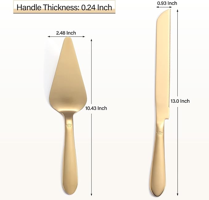 Cake Cutting Set for Wedding, Elegant Cake Knife and Server Set with Thickened Stainless Steel Rounded Edges, Cake Cutter Pie Spatula for Birthday Anniversary Christmas, 2 Pcs, Gold