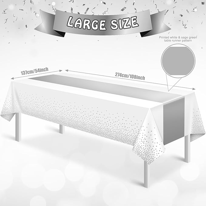 3Pcs White and Silver Tablecloth Party Decorations,Plastic White Table Cloth Printed Silver Runner Disposable Rectangle Table Cover for Birthday Wedding Anniversary Graduation Party,54 x108 Inch