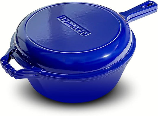 Enameled Cast Iron Braiser Pan - 2-in-1 Cast Iron Dutch Oven - 6.5QT Deep Pot with Frying Pan - Cookware Multi Cooker Skillet - for Grill Induction Stovetop Camping -Blue