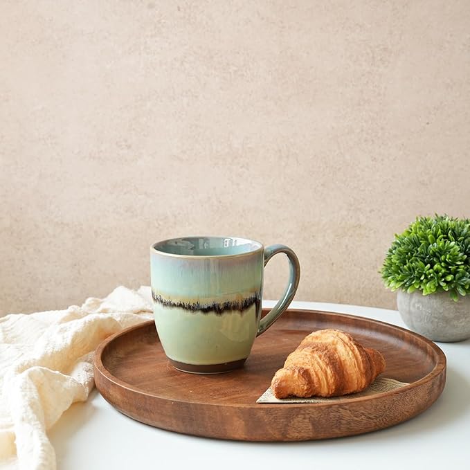 Bosmarlin Ceramic Coffee Mug Set of 4, 17 Oz, Coffee Cups with Big Handle, Microwave Safe, Unique Reactive Glaze (17 Oz, Turquoise Green Light)