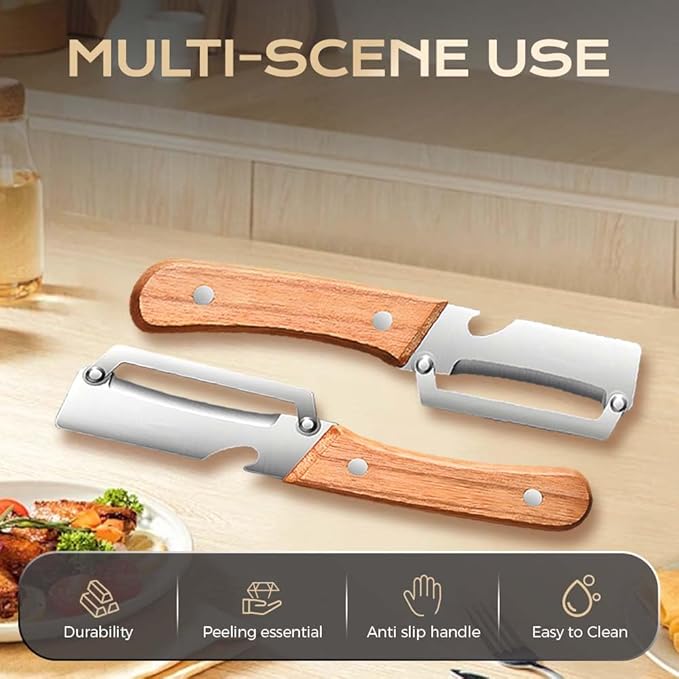 Multi-Functional Vegetable Peeler for Kitchen, Ultra-Sharp Stainless Steel Blade with Wooden Handle and Bottle Opener, For Vegetables or Fruits that Need to Be Peeled (2 Pcs)