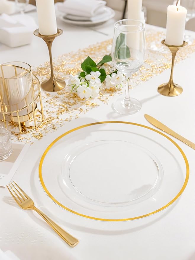 WDF 25Pack Gold Charger Plates - 12inch Clear Chargers with Gold Trim - Clear Plates Disposable for Dinner Wedding Birthday Valentine's Day