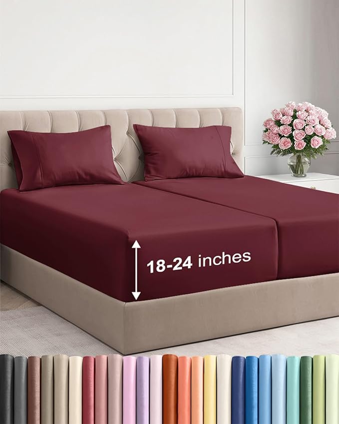 Extra Deep Pocket Split King Sheets - 5 Piece Breathable & Cooling Bed Sheets - Hotel Luxury Sheet Set - Soft, Wrinkle Free & Comfy - Easily Fits Extra Deep Mattresses - Deep Pocket Burgundy Sheets