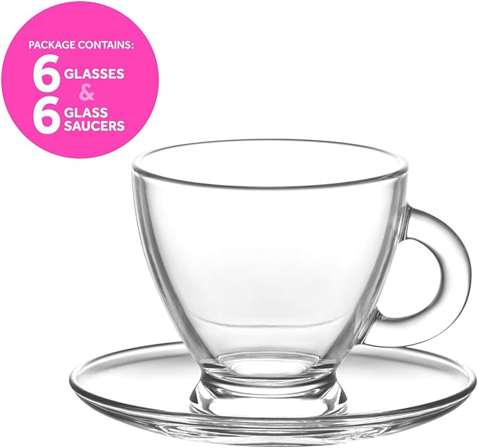 LAV Glass Coffee Cups, Saucers Set - Small Espresso Cups with Handle 3 oz - Small Clear Coffee Mug Latte Cups Set - 6 Cups + 6 Saucers - Mothers Day Gift, Housewarming - Juego de tazas para cafe
