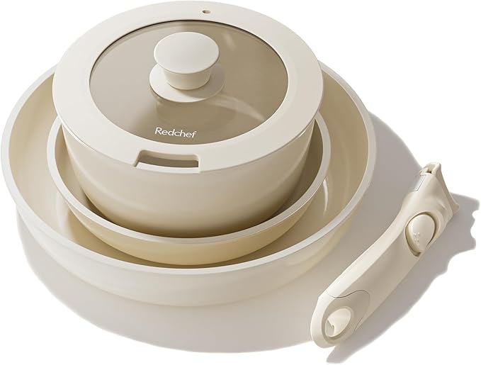 Redchef Truly Non Toxic Pots and Pans Set Non Stick, 2025 Upgraded Ceramic Pan and Pot Set, PFAS PTFE PFOA PFOS Free, Kitchen Cookware Set with Detachable Handle, RV Camping with Frying Pans Set
