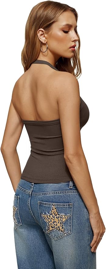 REORIA Womens Backless Halter Tank Top Sleeveless V Neck Fitted Camisole