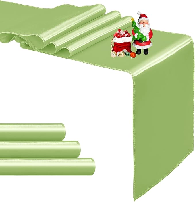 4-Pack Green Satin Table Runner 12 x 108 Inch Long Bright and Smooth Silk Fabric Table Runner for Wedding Banquet Birthday Party Decoration