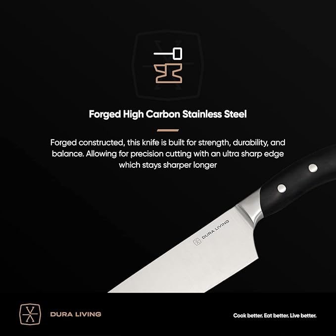 DURA LIVING 3-Piece Kitchen Knife Set ??Ultra-Sharp German Stainless Steel, 8??Chef, 5??Utility, and 3.5??Paring Knives with Ergonomic Handles, Multipurpose Kitchen Knife Set, Black