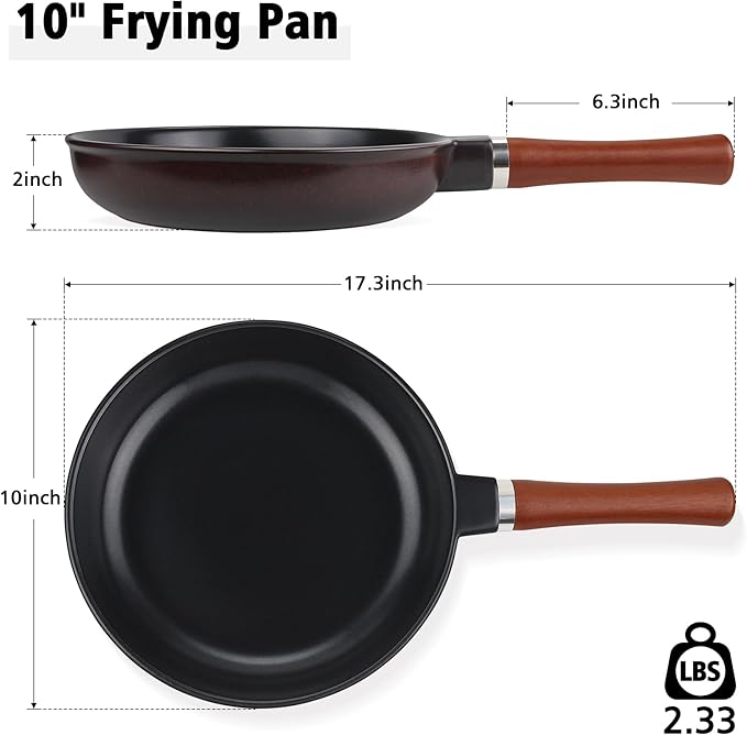 10-inch Pure Ceramic Frying Pan Skillet - Non-Toxic, PFOA/PFAS/PTFE Free, No Chemical Coating - Healthy Cooking - Solid Wood Handle (Black)