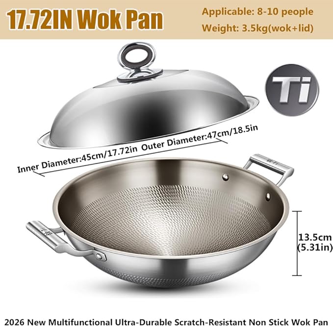 Titanium Hammered Wok with Double Handles, 2026 New Multifunctional Ultra-Durable Scratch-Resistant Non Stick Even Heating Titanium Wok for Cooking,With lid,17.72IN