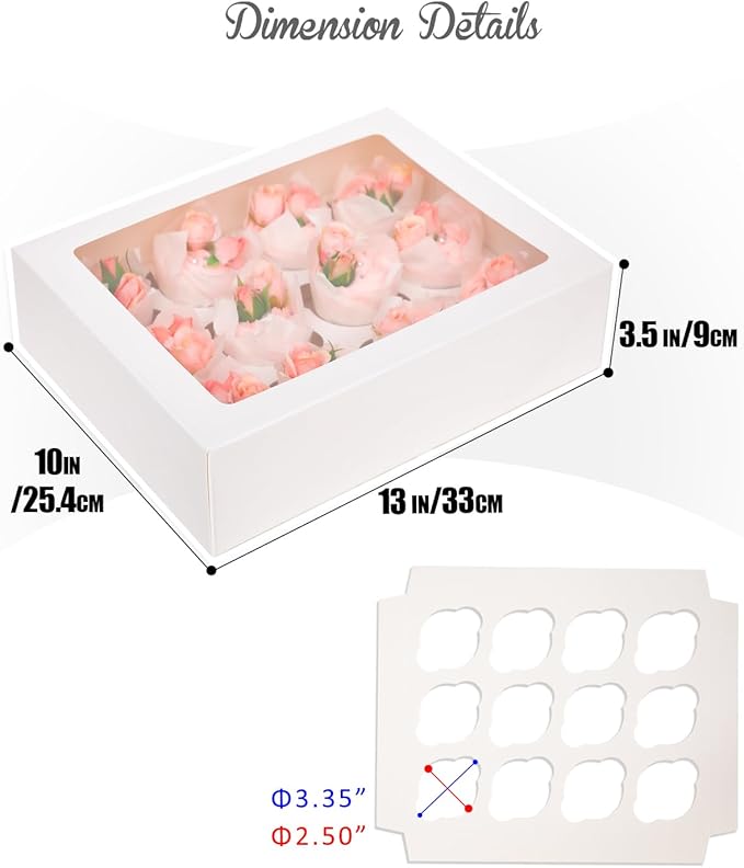 qiqee Auto-pop Up Cupcake Boxes with Window White 40PCS 12 Count Cupcake Box 13"x10"x3.5" Cupcakes Carrier, 12 Cupcake Containers with 2 rolls of pink ribbons