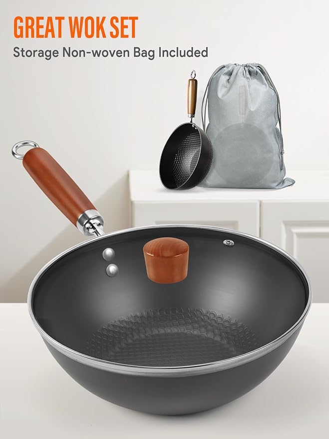 10.5-Inch Carbon Steel Wok ??Lightweight Flat-Bottom Stir-Fry Pan for 2?? Servings, Authentic Chinese Cooking, 2-Piece Set