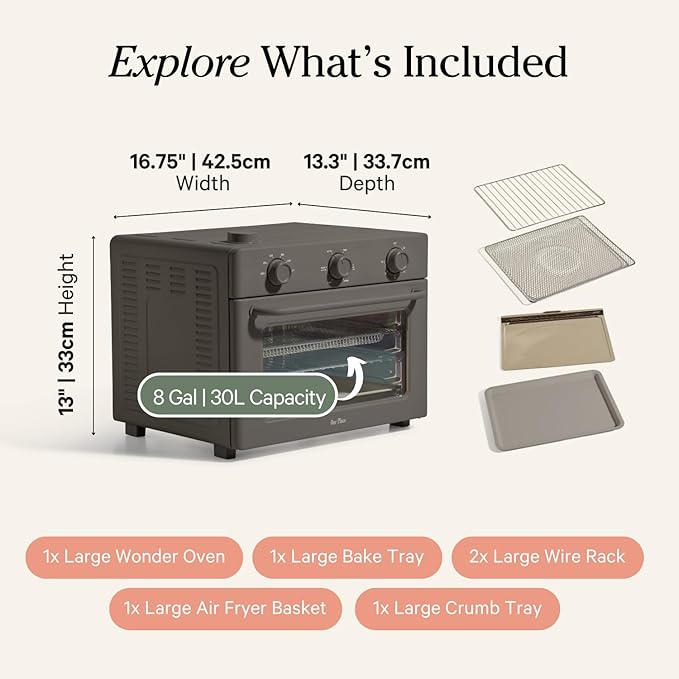 Our Place Large Wonder Oven | 6-in-1 Stainless Steel Air Fryer Toaster Oven Combo with Basket, Rack, Pan & Tray | 3-Rack, 32 QT, Large Capacity - Toast, Roast, Bake, Reheat, Broil & Steam | Char