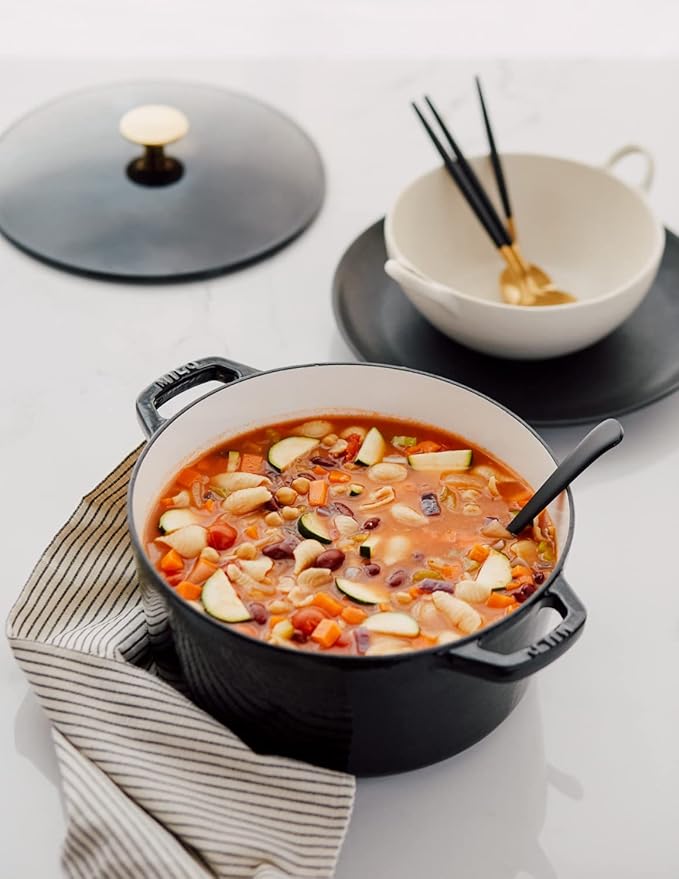 Milo by Kana 5.5-quart Enameled Cast Iron Dutch Oven with Lid | Premium Casserole Cooking Pot | Enamel Coating Inside and Out | Oven Safe and Dishwasher Friendly (Gloss Black with Gold Knob)