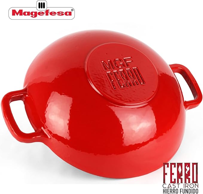 Magefesa FERRO 11.8" Cast Iron Red Wok with Enameled Cover & Inner Layer, Superior Heat Retention & Distribution, Induction & Oven Safe, Energy-Efficient, Durable, Easy to Clean