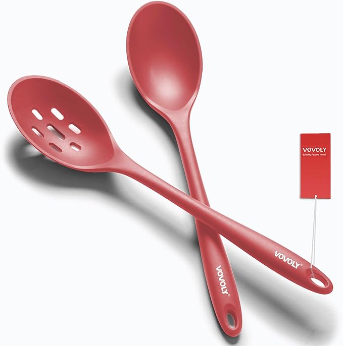 Silicone Spoons for Cooking - Extra Large Kitchen Spoons for Mixing, Serving, & Stirring - 600째F Heat-Resistant Non Stick Utensils Ladle & Skimmer- Dishwasher Safe, Red