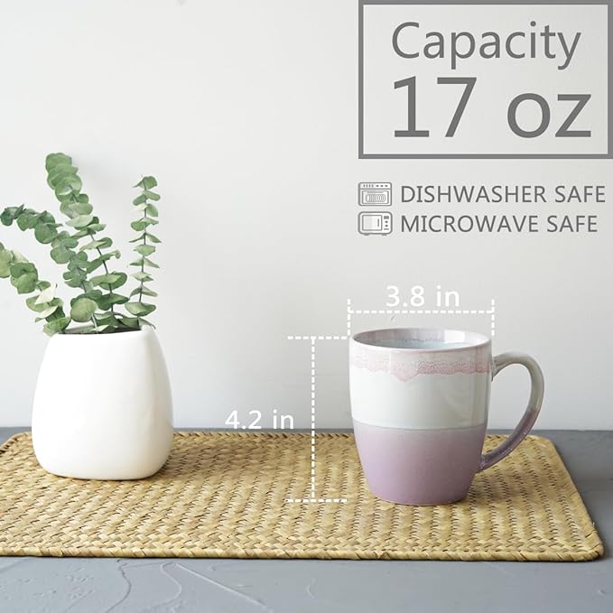 Bosmarlin Ceramic Coffee Mug Set of 4, 17 Oz, Purple Coffee Cups with Big Handle, Microwave Safe, Unique Reactive Glaze