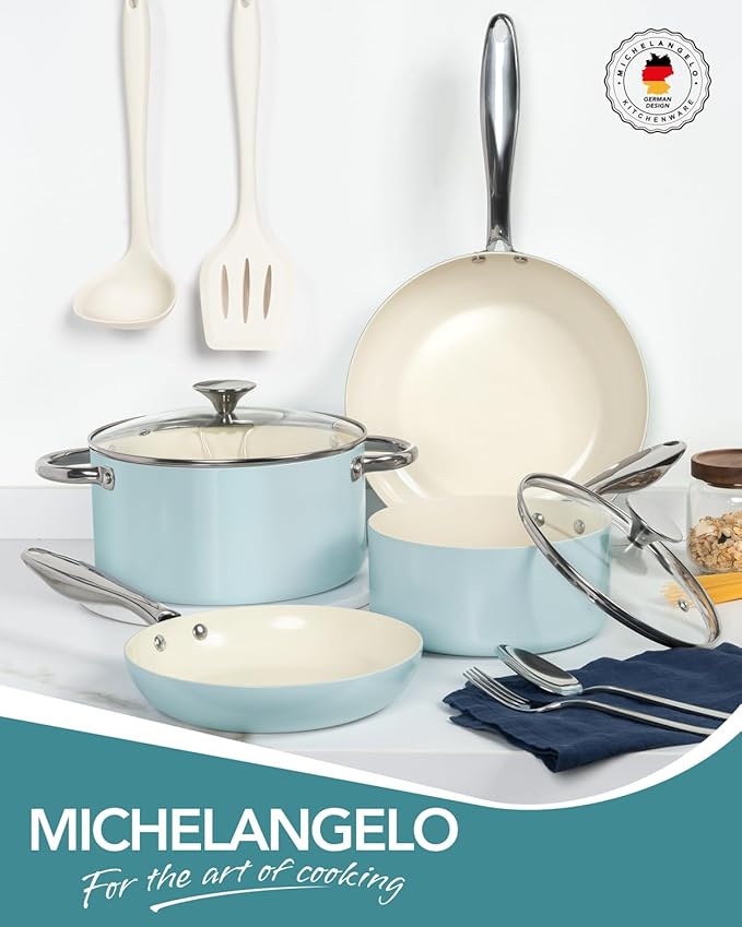 MICHELANGELO Pots and Pans Set Non Stick - Ceramic Cookware Set Non Toxic, 8-Pcs Nonstick Pots and Pans with Ergonomic Handle, Dishwasher Safe & Induction Compatible, Blue