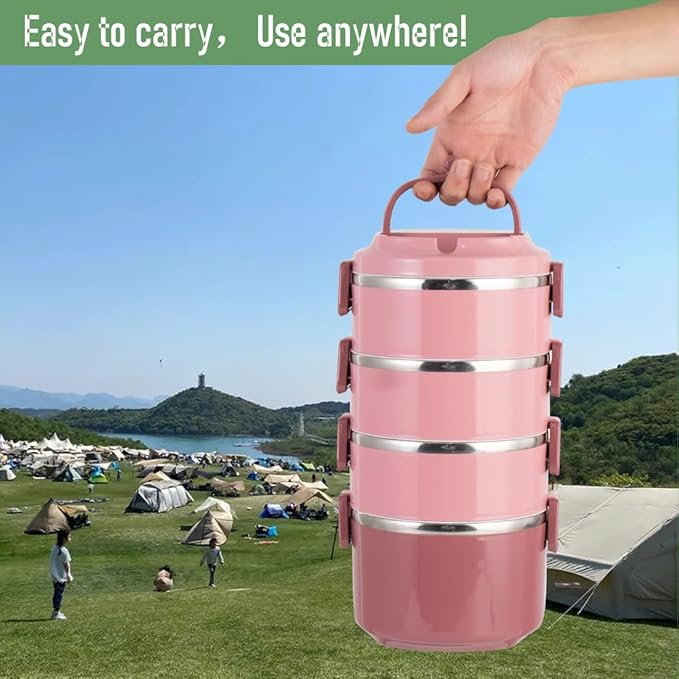 SANQIAHOME 4 Tier Stackable Stainless Steel Lunch Box Sealed(pink, 4 layers) with spoon and fork