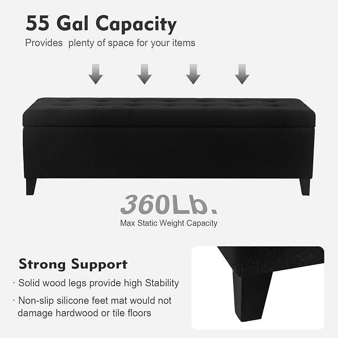 DECO DE VILLE Ottoman with Storage, 51 Inch End of Bed Storage Ottoman Bench, Linen Fabric Upholstered Ottomans with Hinged Lid, Rectangle Long Foot Rest Bench for Entryway Living Room Bedroom Black