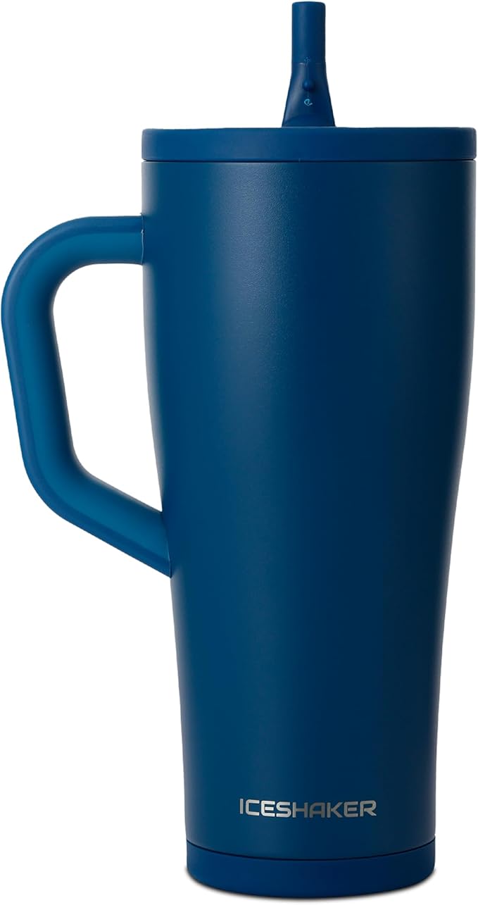 Ice Shaker 32 oz Tumbler with Handle and Straw | 32oz Navy | Cold for 30+ Hours | 2-in-1 Tumbler Shaker Bottle | Odor-Free 32 ounce Bottle for Water, Protein Shakes, Smoothies, Cocktails