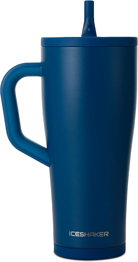 Ice Shaker 32 oz Tumbler with Handle and Straw | 32oz Navy | Cold for 30+ Hours | 2-in-1 Tumbler Shaker Bottle | Odor-Free 32 ounce Bottle for Water, Protein Shakes, Smoothies, Cocktails