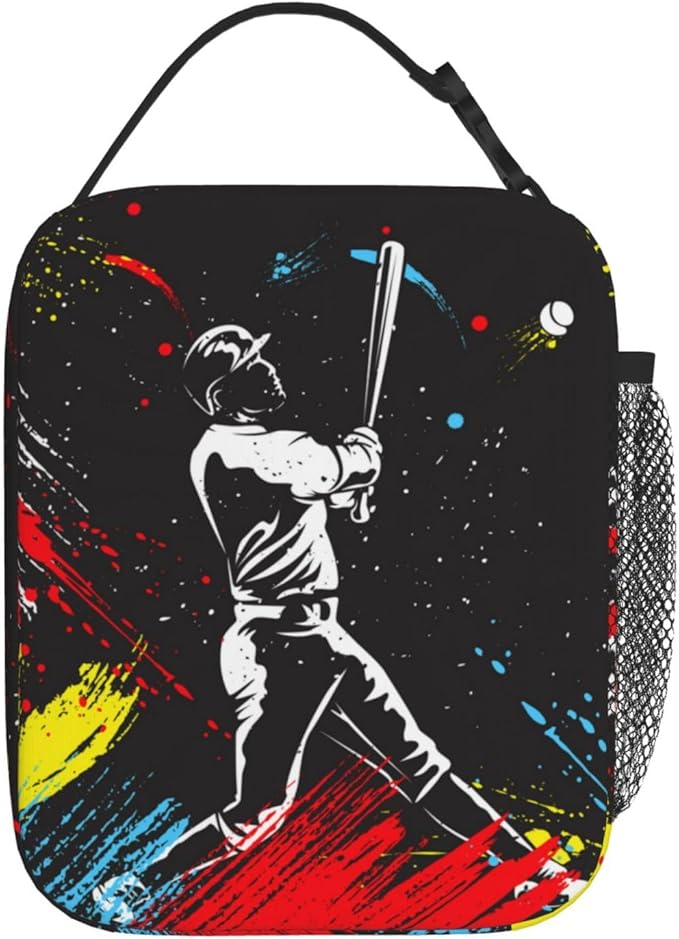 YIJIUWKIS Baseball-themed Lunch Box for Boys Men Sports Insulated Lunch Bag with Baseball Players Pattern Print, Black Cooler Thermal Meal Bag with Water Bottle Holder for Kids Teens Youth Adults