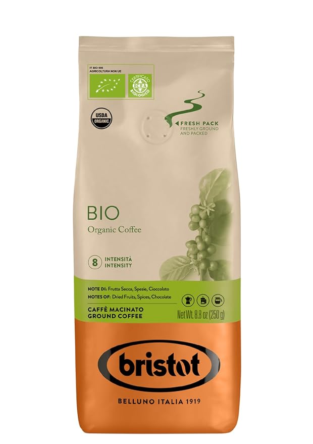 Bristot Organic Ground Espresso ??Medium Roast Italian Coffee ??For Moka, French Press & Pour Over ??8.8 oz (250g) ??USDA Certified
