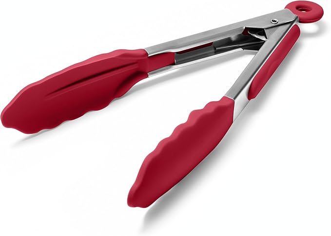 Doosu Kitchen Tongs for Cooking - 600째F Heat Resistant Food Tong with Non-Scratch Silicone Tips, Heavy Duty Stainless Steel Locking Tong for BBQ, Grilling Steak, Serving Salad, Pasta (7in, Red)