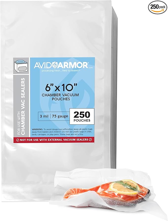 Avid Armor Chamber Vacuum Sealer Bags ??Heavy Duty, BPA-Free, Pre-Cut Chamber Vacuum Bags for Food Preservation, Freezer Storage, Sous Vide and more, 250/Pack (6x10) ??Multi-Use Vacuum Bags