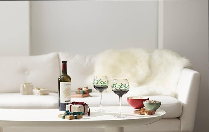Lenox Drinkware, Holiday 4-Piece Wine Balloon Glass Set, Set Of 4, 14 Fl Oz Capacity, Made From Glass, Festive Red Christmas Design, Hand Wash Only, Christmas Decorations, Winter Decor (4 Piece)