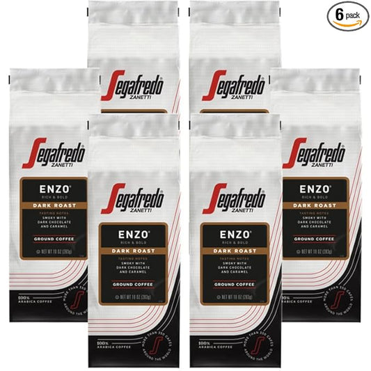 Segafredo Zanetti Ground Coffee ??Made with Arabica Coffee ??Dark Roast, Smoky with Hints of Roasted Nuts & Dark Chocolate ??South American Blend ??Rich, Full-Bodied ??Enzo, 10oz Bag, Pack of 6