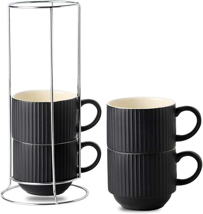 glowworm Coffee Mugs Set of 4, 15 Oz Ceramic Coffee Cups, Stackable Coffee Mugs for Lattee, Cappuccino, Wedding, Birthday Gift, Microwave & Dishwasher Safe, Black