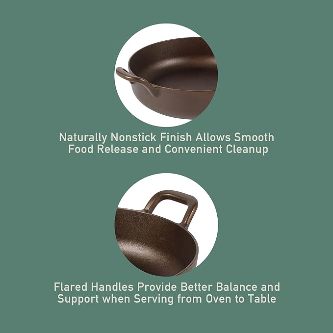 Bloomhouse - Two Time Oprah's Favorite Things Winner - Natural Bronze Finish 13" Round Cast Iron Everyday Pan ??Olive Oil Treated Surface w/Dual Handles Olive Wood Trivet Oven Stovetop Campfire Safe