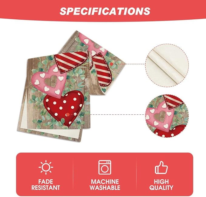 Artoid Mode Wood Love Hearts Valentine's Table Runner, Anniversary HoliKitchen Dining Table Decoration for Home Party Decor 13x72 Inch