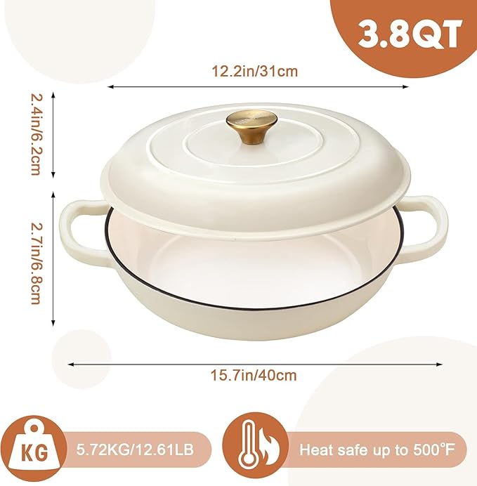 Overmont Enameled Cast Iron Dutch Oven - 3.8 Quart Dutch Oven Pot with Lid - Shallow Cookware Braising Pan - Cast iron Casserole with Cookbook & Heat-resistant Caps - Oven Safe up to 500째 F