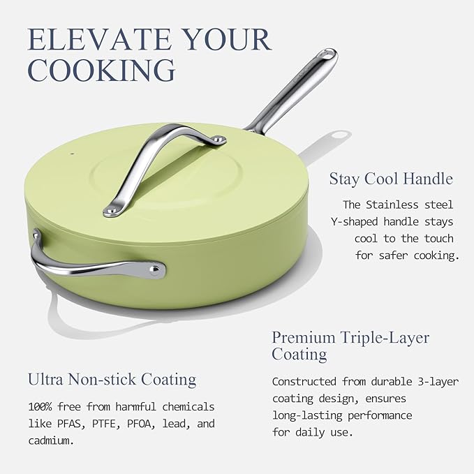 Nonstick Ceramic Cookware Set 10" Frying Pan & 11" Saut챕 Pan with Lid PTFE/PFOA/PFAS Free Induction Compatible Oven Safe to 500째F Non Toxic Ceramic Coating Olive Green