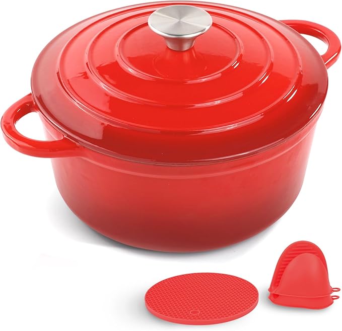 6 Quart Enameled Cast Iron Dutch Oven Pot with Lid and Silicone Accessories, Oven Safe up to 500째F or on Stovetop, Non-stick Dutch Oven for Bread Baking, Cooking, Dual Handles Cookware, Red