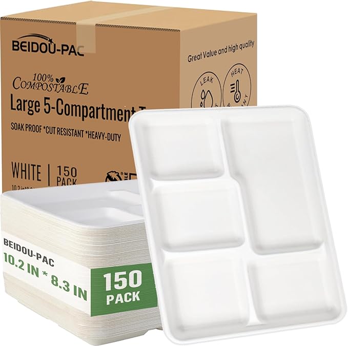 5 Compartment Compostable Heavy Duty Disposable Paper Plates, 150 Count | 10.3" X 8.3" | Natural Bagasse, White Biodegradable Eco-Friendly School Lunch, Buffet, Party Sugarcane Tray