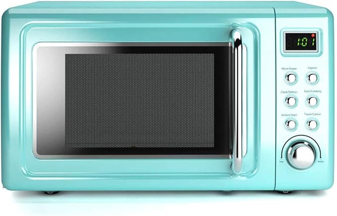 Retro Microwave Oven,Safeplus 0.7Cu.ft, Countertop 700W Microwaves with Cold Rolled Steel Plate 5 Micro Power Defrost & Auto Cooking Function LED Display Glass Turntable and Viewing Window Child Lock
