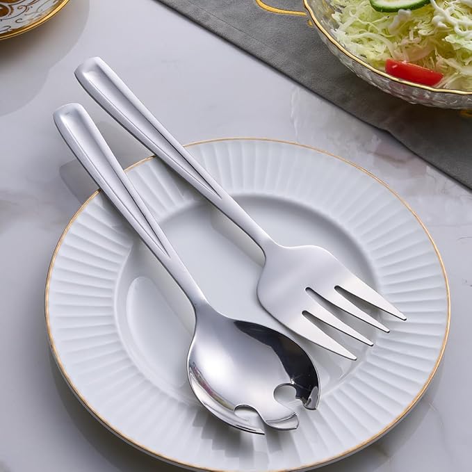 GoGeiLi Salad Server Set, 9.5-inch Stainless Steel Salad Serving Utensil, 2-Piece Large Salad Spoon and Fork Serving Set, Dishwasher Safe