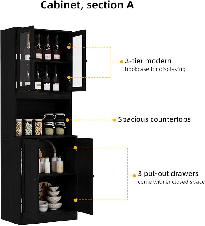 VOWNER 3PCS Bookshelf and Bookcase, 5-Tier Modern Bookshelves with 3 Large Drawer, Glass Display Cabinet with Lager Storage Shelf, Combination Storage Shelves for Home Office (Black)