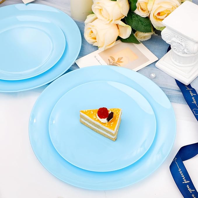 KIRE 60PCS Blue Plastic Plates Disposable - Heavy Duty Light Blue Plates Include 30Pcs 10.25??Dinner Plates and 30Pcs 7.5??for Dessert/Salad in Baby Shower/Picnic