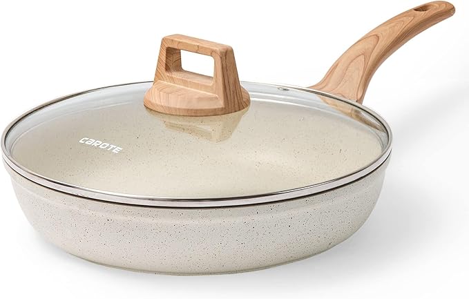CAROTE 12 Inch Non Stick Frying Pan with Lid,White Granite Nonstick Skillet Omelet Pans, Egg Pan Granite Cookware, PFOS & PFOA Free